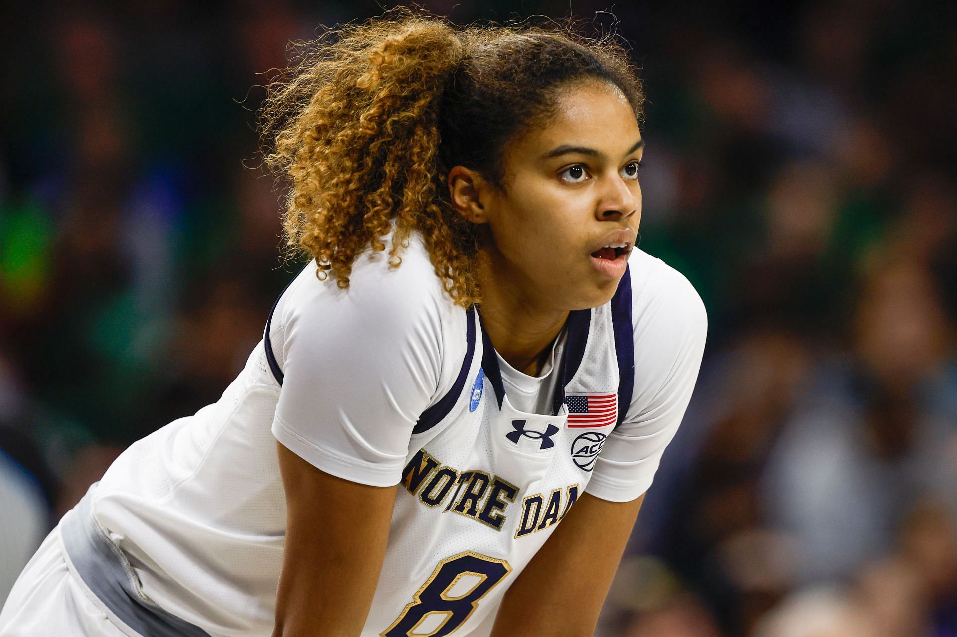 Cassandre Prosper (#8) of Notre Dame concentrates before a free throw during their second-round game against Michigan in the 2025 NCAA Tournament. Photo: Getty